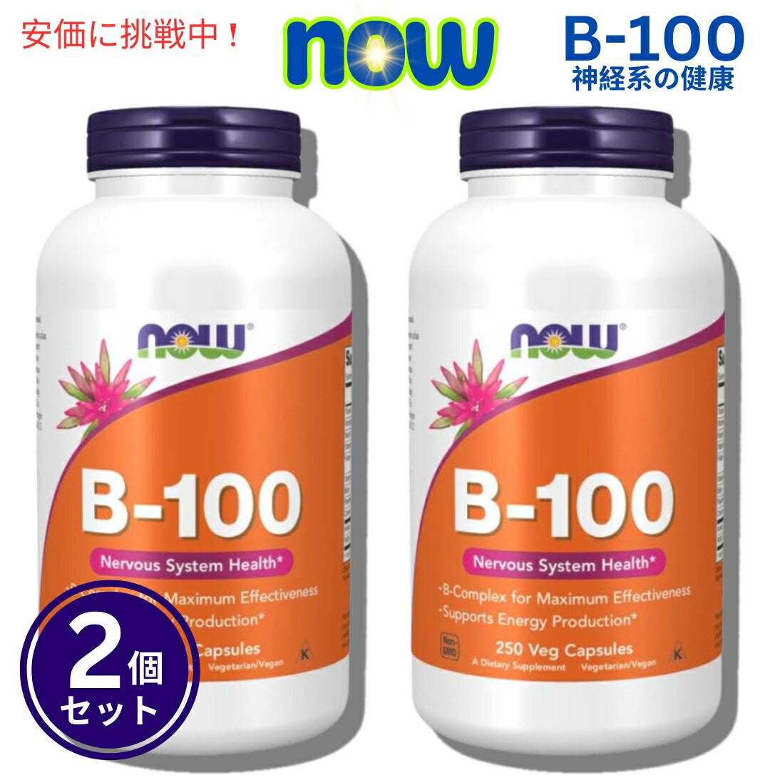【2個セット】Now Foods ナウフーズ Vitamin B-100 0438# (ハイポテンシーBコンプレックス) 250カプセル 1