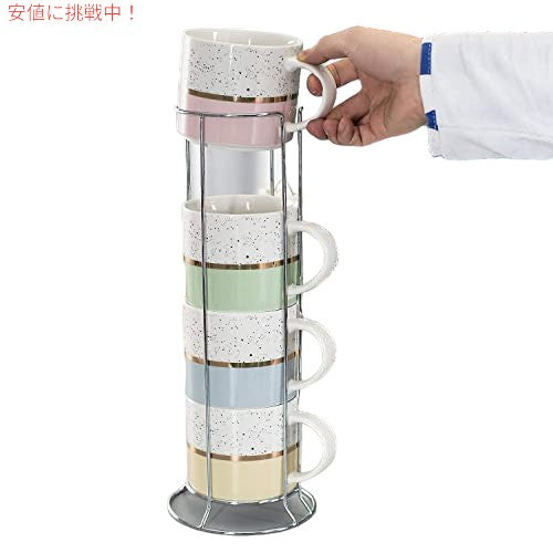 Hasense 積み重ね可能なコーヒーマグ 4個セット 金属製スタンド付き 15オンス 5