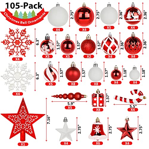 GUDELAK 105ピース クリスマスボールオーナメント ツリーデコレーション 赤と白 2