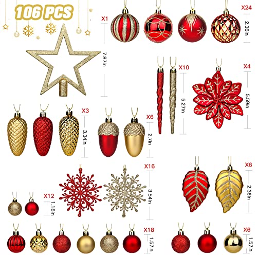SHareconn 106個 クリスマスボール オーナメントセット フック付き レッド&ゴールド 2