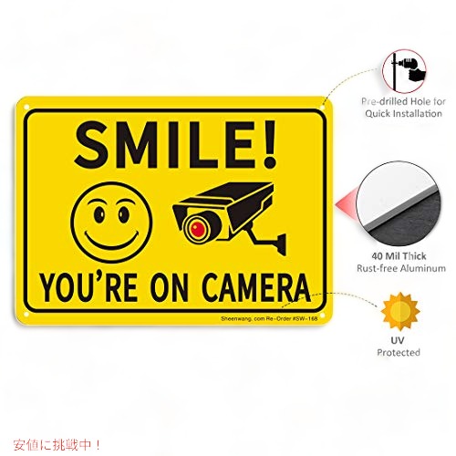 Sheenwang 2パック Smile You're on Camera Sign ビデオ監視サイン アウトドア 10 x 7インチ 3