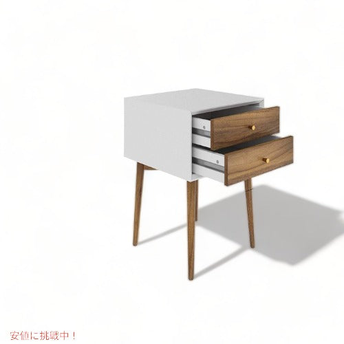サイドテーブル 2段 引き出し ミッドセンチュリー White/Brownアメリカ輸入家具　アメリカ輸入雑貨 アメリカーナがお届け! 2
