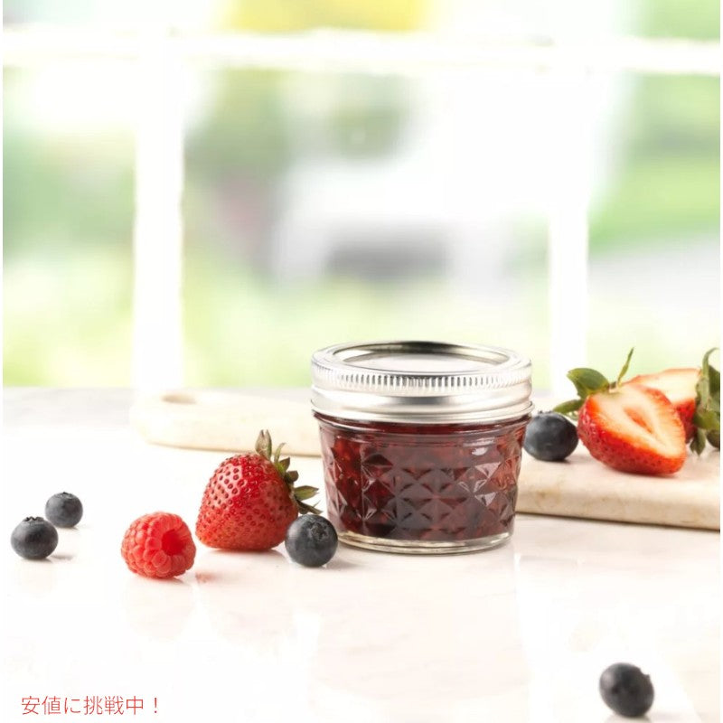 Ball ボール 118ml キルト クリスタル ゼリー ジャー 蓋・バンド付き 12個パック レギュラーマウス 4oz Quilted Crystal Jelly Jar with Regular Mouth 12ct 3