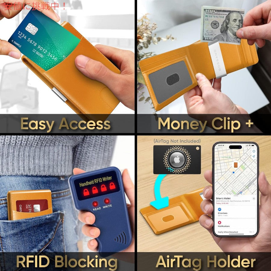 ボッサーノ Bossano 男性用 スリムウォレット フロントポケット付き エコレザー ウォレット 6カードスロット Slim Wallet for Men [コニャック] 4