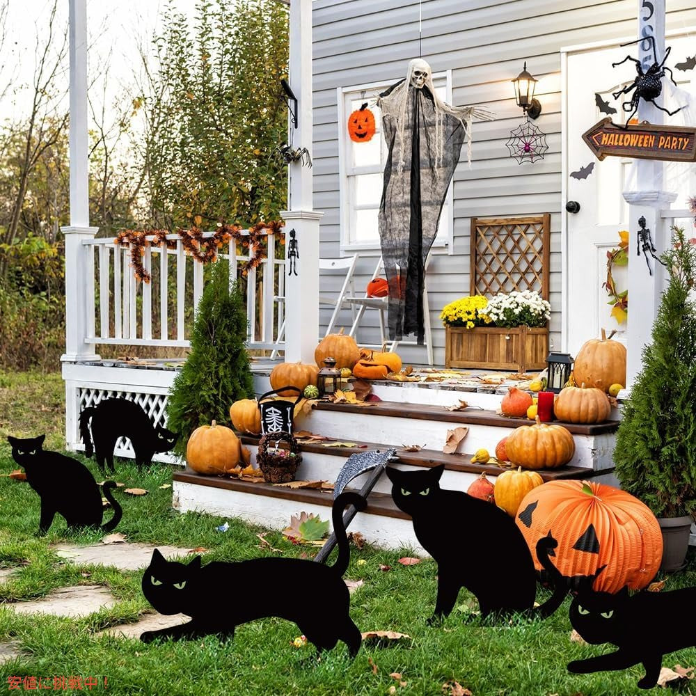 Ivenf ハロウィンデコレーション 屋外用 6ct 黒猫装飾ヤードサイン ステーク付き 暗い目に光る怖いシルエット 波形プラスチック 防水芝生デコレーション 6