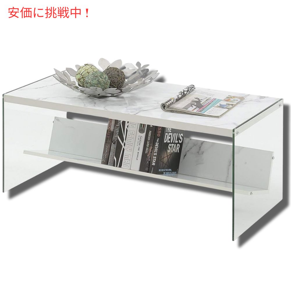 Convenience Concepts のホワイト フェイク マーブルとガラス製コーヒーテーブル（棚付き）White Faux Marble and Glass Coffee Table with Shelf 3
