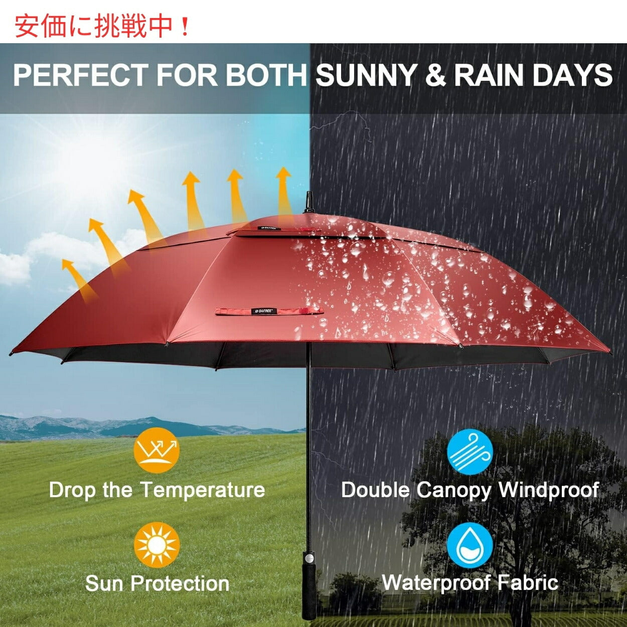 G4Free 68Inch Golf Umbrella Auto Open Sun Rain Umbrella Red Blackゴルフ傘 晴雨兼用傘 ジャンボ傘 UVパラソル 自動オープン 赤色 黒色 6
