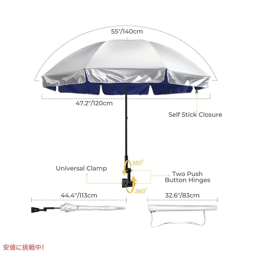 G4Free UPF 50+ 調節可能 クランプオン パラソル ブルー/シルバー UVカット 日傘 パラソル ゴルフ傘 UPF 50+ Universal Clamp On Umbrella Blue/Silver 2