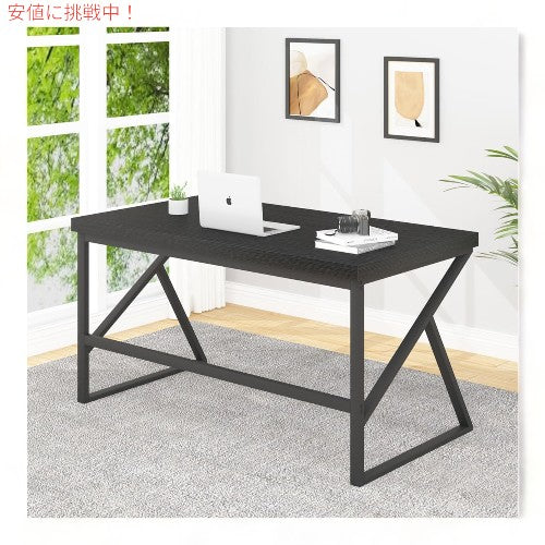HSH モダン コンピューターデスク 55インチ [ブラックオーク] シンプル 金属 木製 テーブル Industrial Home Office Desk Metal and Wood Black Oak 4