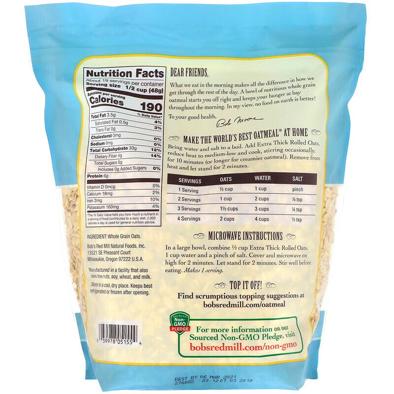 Bob's Red Mill Extra Thick Rolled Oats, Whole Grain 32oz / ボブズレッドミル エクストラシック 厚め ロールドオーツ 全粒 オートミール オーツ麦 907g 2
