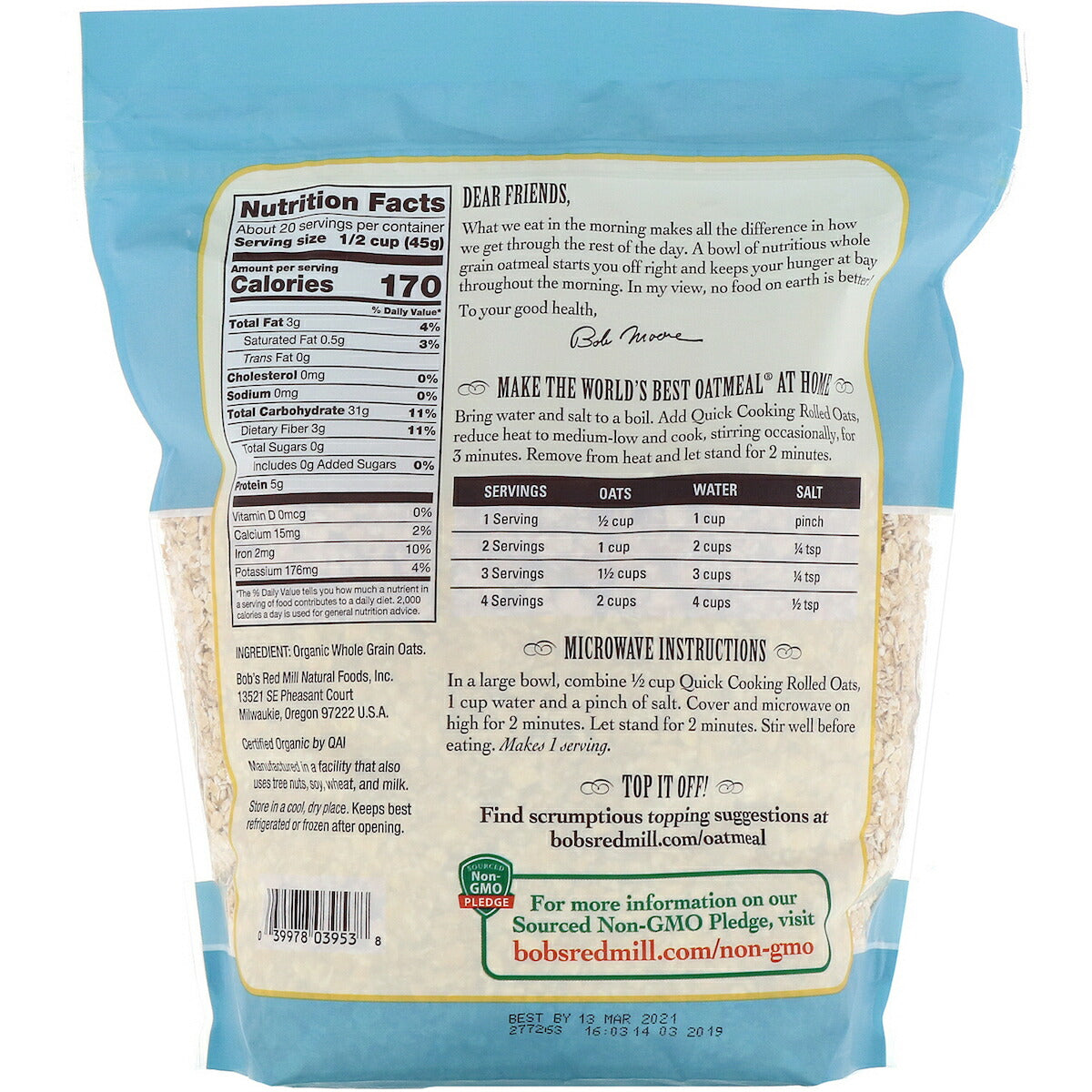 Bob's Red Mill Organic Quick Cooking RolledOats 32oz / ボブズレッドミル オーガニック クイッククッキング ロールドオーツ 全粒 オートミール オーツ麦 907g 2