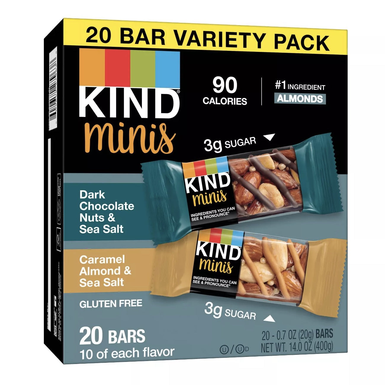 KIND Minis Dark Chocolate & Caramel Almond 20ct / カインド ミニ ナッツバー 20個入り [ダークチョコレートナッツ & シーソルト、キャラメルアーモンド & シーソルト 各10個] 1