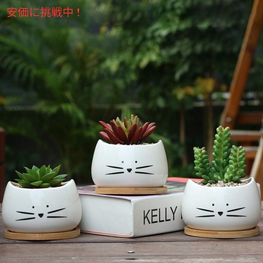 Koolkatkoo 3個セット かわいい猫デザイン 多肉植物用 セラミック鉢 8cm 受け皿付き ホワイト（鉢のみ） Cute Cat Succulent Pots 3.2inches White 3Sets 7