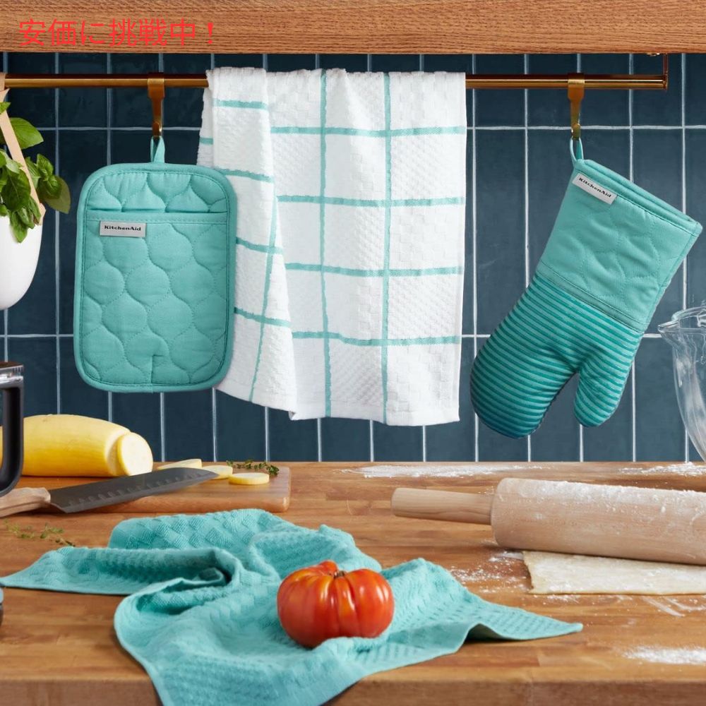 KITCHENAID キッチンエイド オーブンミット＆鍋つかみ＆キッチンタオル2枚 4点セット アクアスカイ Oven Mitt, Pot Holder, Kitchen Towel 4-Pack Set Aqua Sky 2