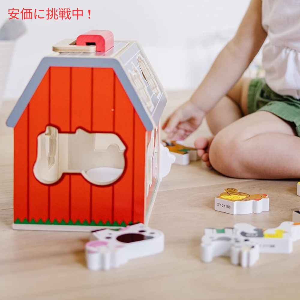 Melissa & Doug 木製 形合わせ おもちゃ ブロック10個 持ち運び可能 屋根が開く＆取っ手付き 小屋型ボックス Wooden Take-Along Barn Toy 7