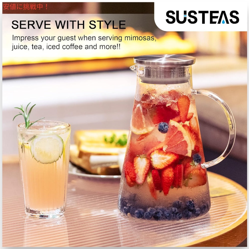SUSTEAS 2リットル ガラスピッチャー 蓋付き GP2000-FBA 水差し ホット＆アイスドリンク用 ジュース カラフェ 自家製飲料用 ガラスカラフェ ガラスポット 2