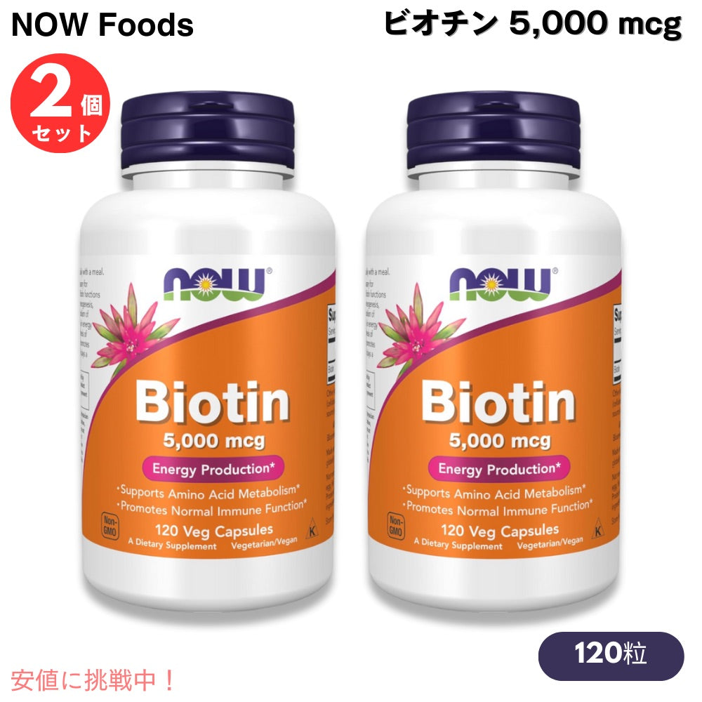 【2本セット】Now Foods Biotin 5000mcg（5mg）ナウフーズ ビオチン（ビタミンH） 120粒 ベジカプセル #0474 1