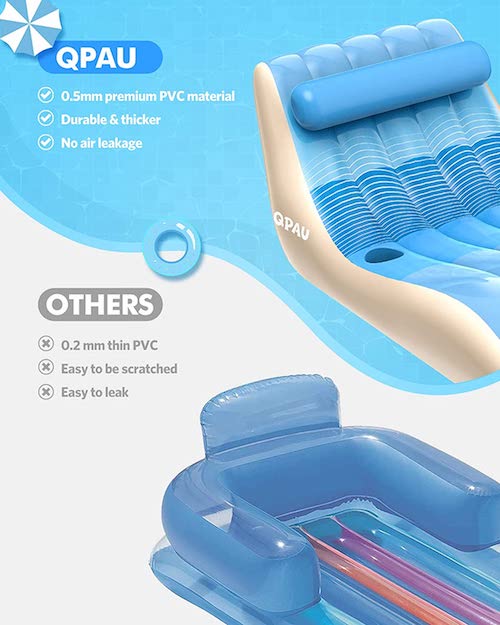 QPAU Pool Float with Head Pillow, Swimming Pool Float for Adults and Kids / プールフロート 枕・カップホルダー付き 大人&キッズ用 [ブルー] 1