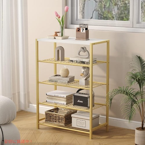 HOMEFORT シューズラック 5段 靴収納棚 インダストリアル シューズタワー ゴールド  Shoe Rack 5 Tier, Shoe Storage Shelf, Industrial Shoe Tower Gold 3