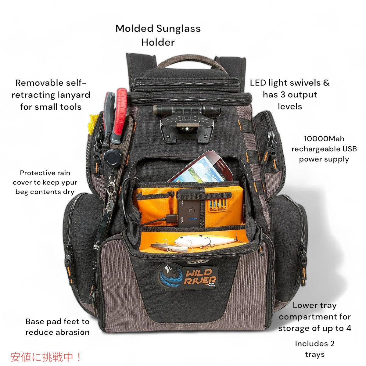 Wild River by CLC タックルバッグ バッグパック ライト付き USB充電付き トレイ付き 釣り Custom Leathercraft ツールボックス WT3605AMZ 6
