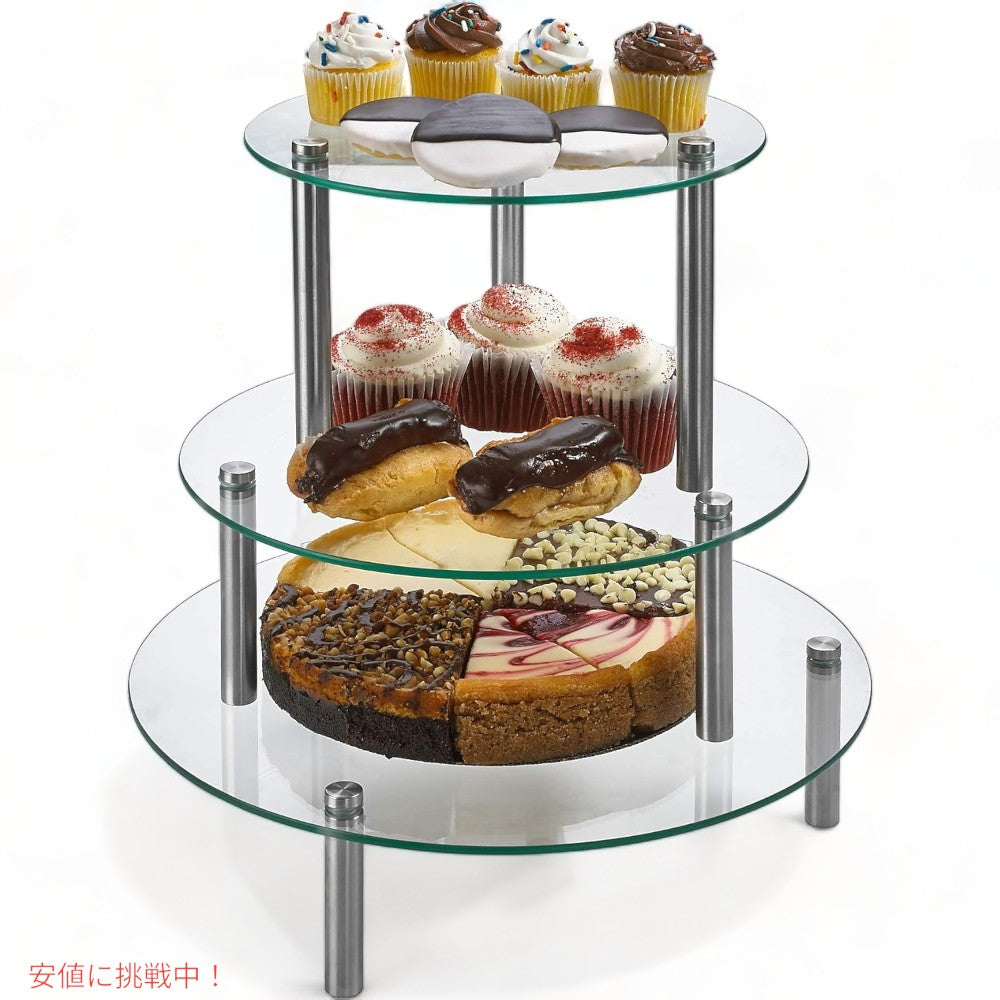 3層ラウンド 強化ガラス ケーキ ディスプレイ スタンド 9,11,13インチ  3 Tier Round Tempered Glass Display Stand Clear 2