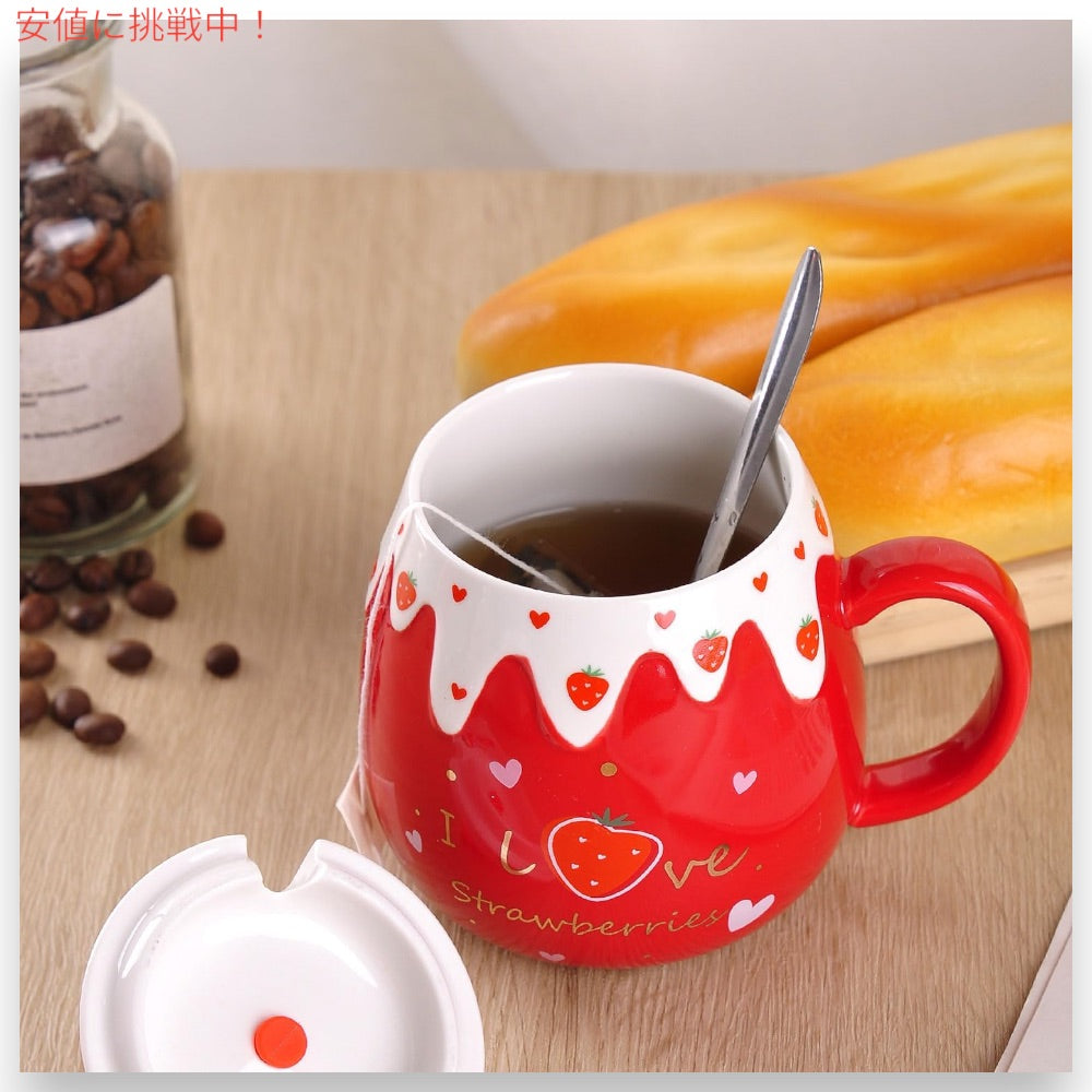 かわいいイチゴのマグカップ フタとスプーン付き(赤 1個) 450ml/15oz, Red C WHJY 2