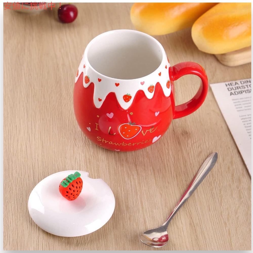 かわいいイチゴのマグカップ フタとスプーン付き(赤 1個) 450ml/15oz, Red C WHJY 3