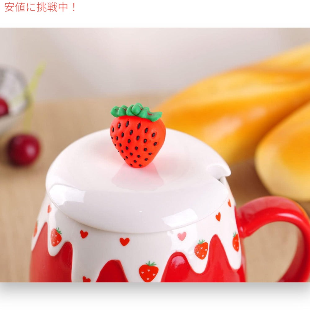 かわいいイチゴのマグカップ フタとスプーン付き(赤 1個) 450ml/15oz, Red C WHJY 4