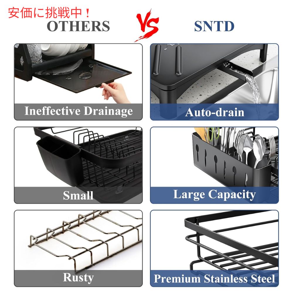 SNTD キッチンカウンター用 水切りラック 排水トレイ付き 大型 ブラック 水切りカゴ Dish Drying Rack with Drainboard for Kitchen Counter - Large Black 3