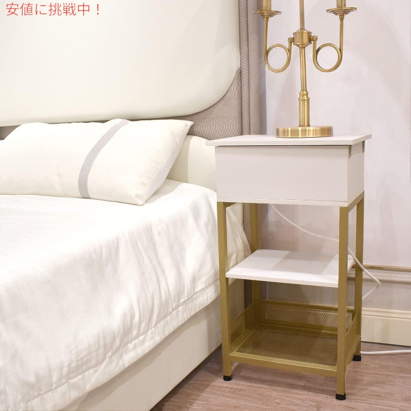 SZLHANJZ モダンなナイトテーブル 充電ステーション付き ベッドサイドテーブル 白 Bed Side Table w/Charging Station Gold + White 4