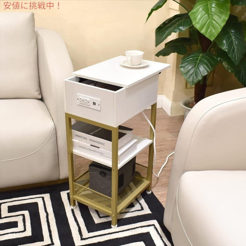 SZLHANJZ モダンなナイトテーブル 充電ステーション付き ベッドサイドテーブル 白 Bed Side Table w/Charging Station Gold + White 6