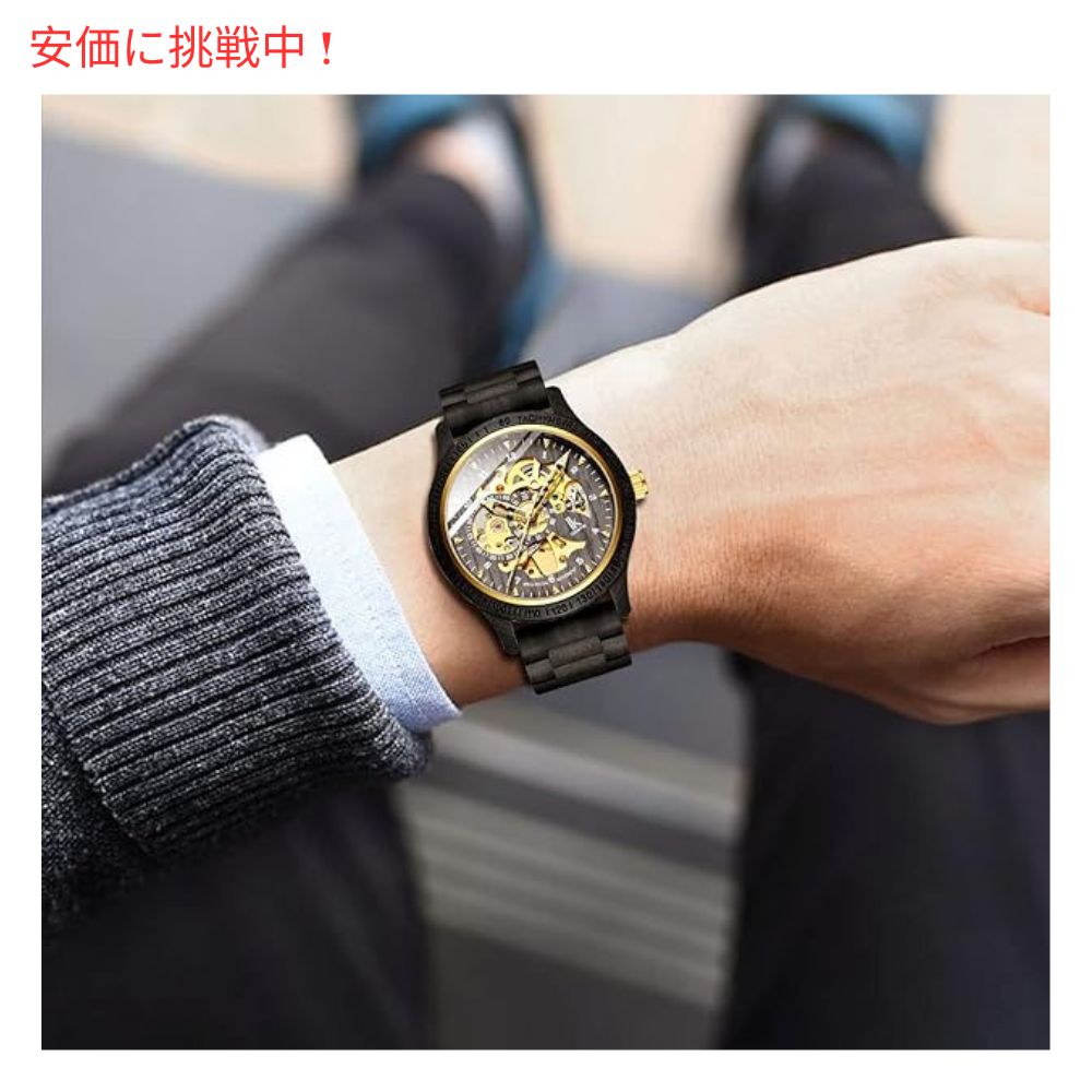 IK COLOURING メンズ 機械式 木製 スケルトン自動 腕時計 ブラック Men's Mechanical Wooden Skeleton Automatic Watch Black 2