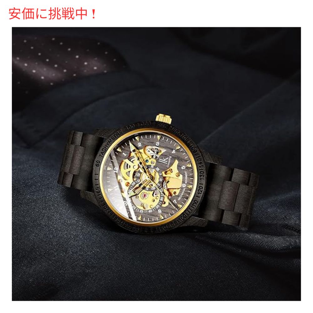 IK COLOURING メンズ 機械式 木製 スケルトン自動 腕時計 ブラック Men's Mechanical Wooden Skeleton Automatic Watch Black 6