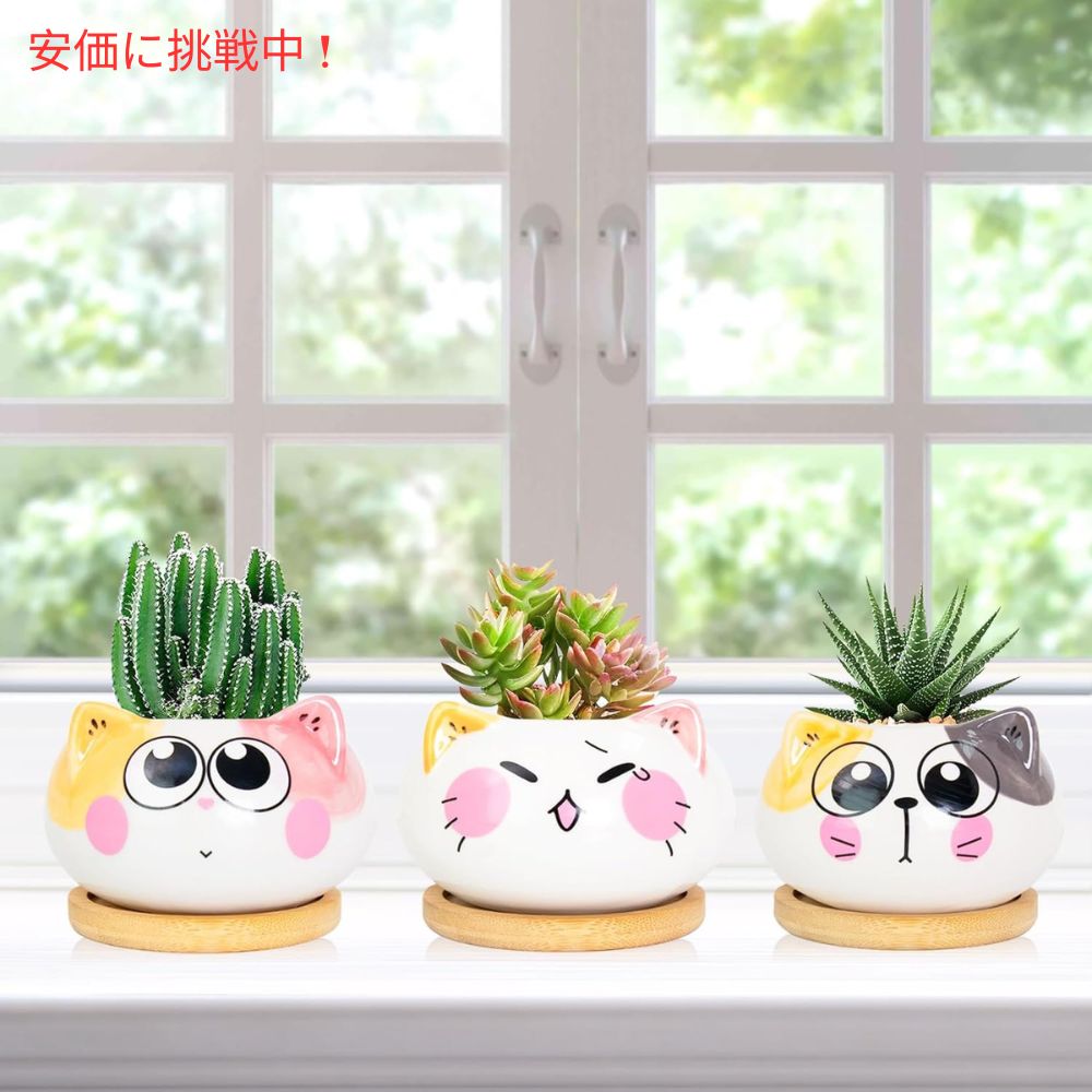 Yinuowei 猫型 多肉植物用ミニ鉢 9.1cm 6個セット 排水穴 竹製トレイ付き （鉢のみ） Mini Cat Succulent Pots with Bamboo Tray 3.6 Inch set of 6 4